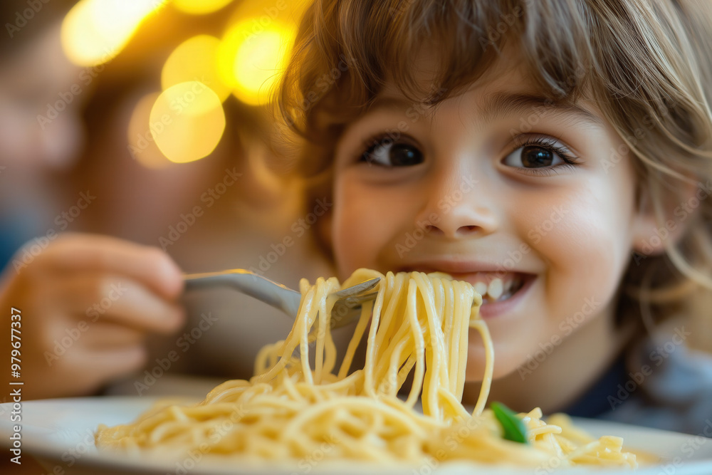 Family Eating Pasta In Italian Restaurant