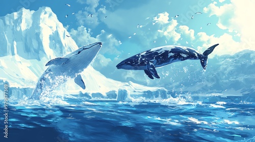 Two majestic whales breach the icy waters, surrounded by stunning landscapes and shimmering blue hues in a serene ocean setting.