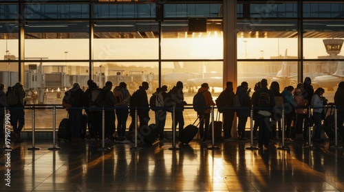 line of passengers waiting at the gate of an airport, generative ai