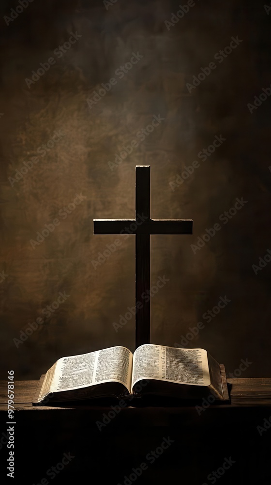 An open Bible placed beside a cross, soft light symbolizing reverence and worship An open Bible placed beside a cross, soft light symbolizing reverence and worship