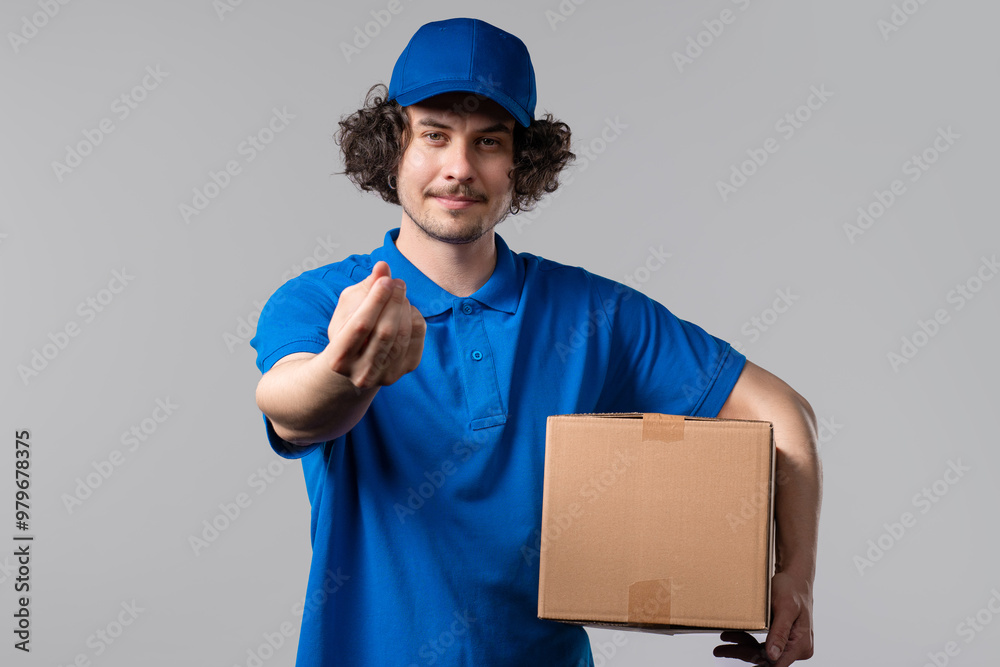 Postal courier man asking money gesture.Curly guy in blue uniform asking payment Postal courier man asking money gesture.Curly guy in blue uniform asking payment