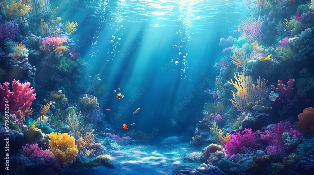 Fototapeta premium Vibrant underwater scene with colorful corals and gentle sunlight illuminating the ocean floor, showcasing marine beauty.