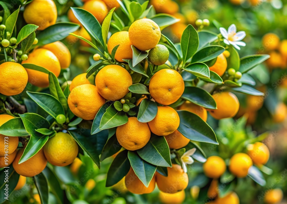 Vibrant yellow blossoms of Citrus myrtifolia, the myrtle-leaved orange tree, flourish against a lush, exotic green backdrop, surrounded by ripening citrus fruits in various stages. Vibrant yellow blossoms of Citrus myrtifolia, the myrtle-leaved orange tree, flourish against a lush, exotic green backdrop, surrounded by ripening citrus fruits in various stages.