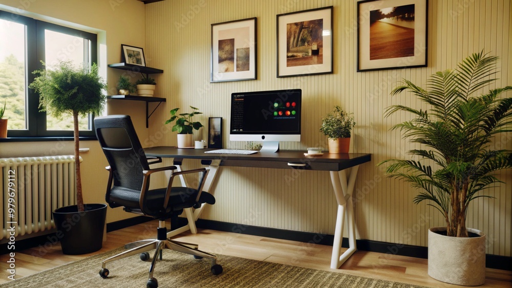 A modern home office with a desk, computer, and plants. A modern home office with a desk, computer, and plants.