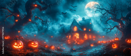 Haunted Halloween Estate: A spooky mansion glows under the eerie light of a full moon, surrounded by carved pumpkins and silhouetted bats. 