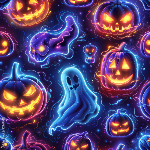 Seamless Halloween neon pattern background with Jack lantern and ghosts. AI generative