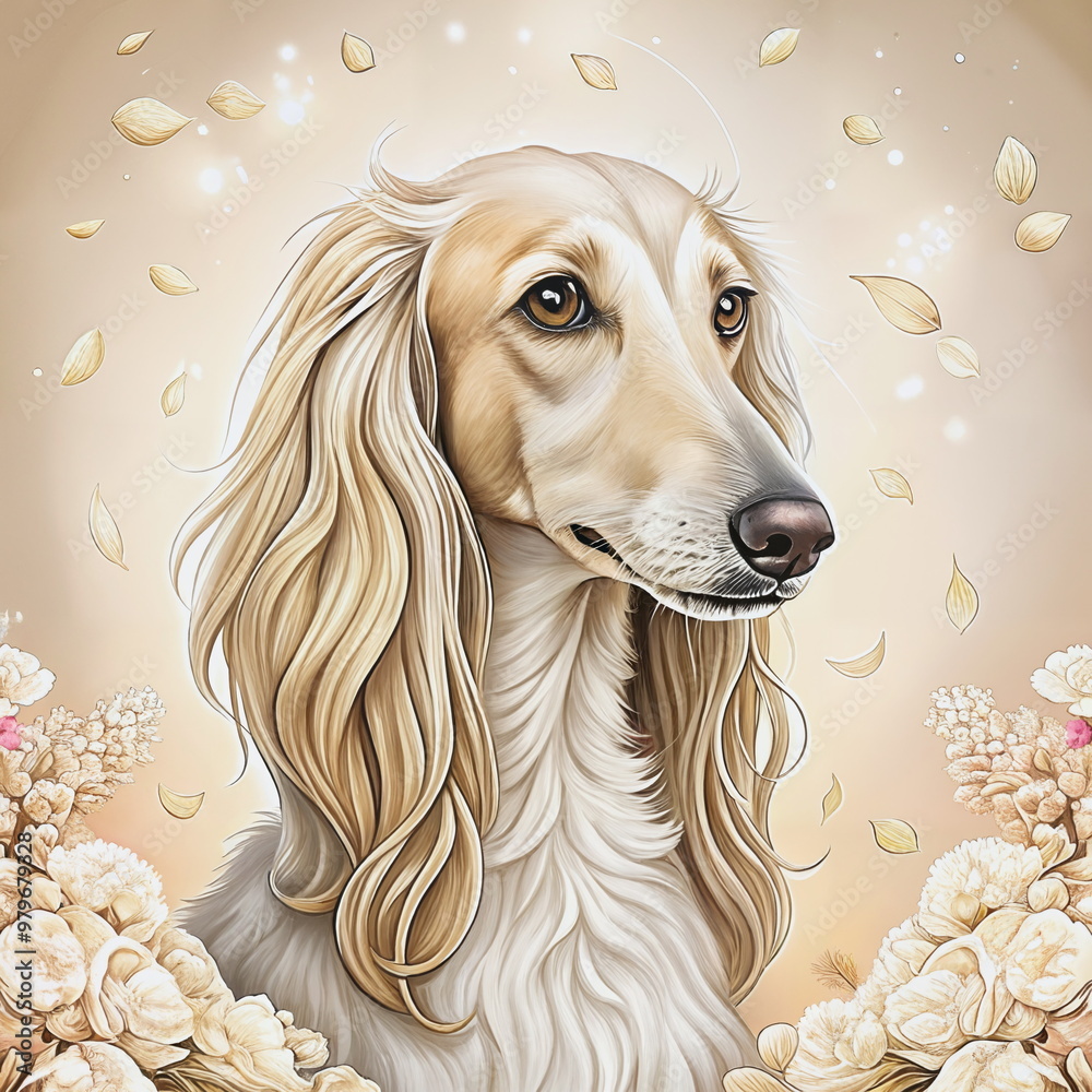 Elegant portrait of a dog surrounded by flowers and falling petals in soft pastel colors with copy space