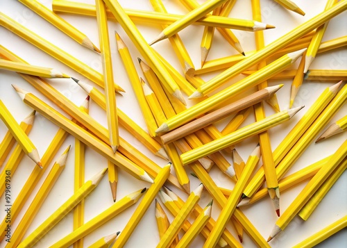 Vibrant yellow pencil strokes of varying thickness and texture scattered randomly on a clean white background, creating a playful and creative visual representation. photo