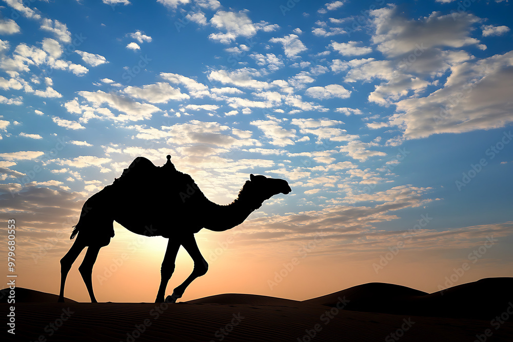 A silhouette of a camel against a colorful sunset in a desert landscape. A silhouette of a camel against a colorful sunset in a desert landscape.