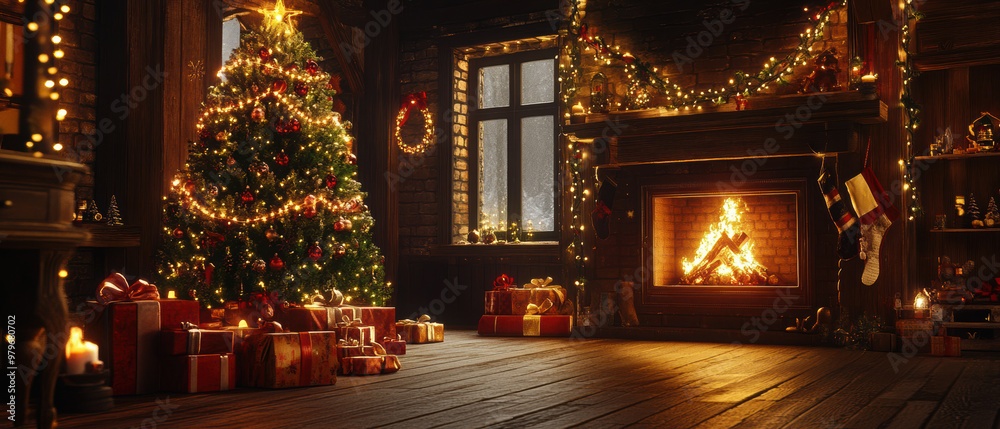 A cozy Christmas scene with a decorated tree, gifts, and a warm fireplace. A cozy Christmas scene with a decorated tree, gifts, and a warm fireplace.