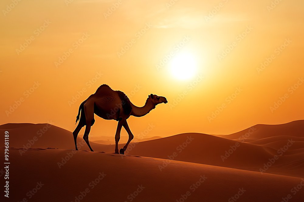 A camel walks through sand dunes at sunset, capturing the beauty of desert landscapes. A camel walks through sand dunes at sunset, capturing the beauty of desert landscapes.