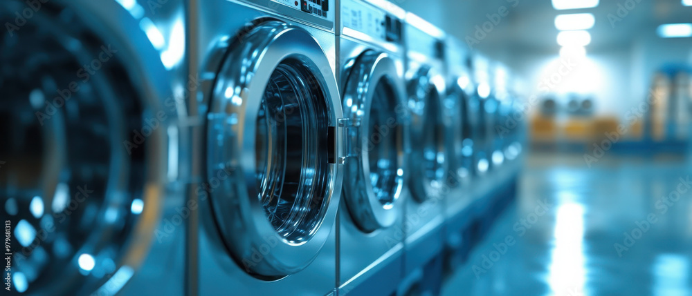 A row of modern washing machines in a well-lit laundromat.