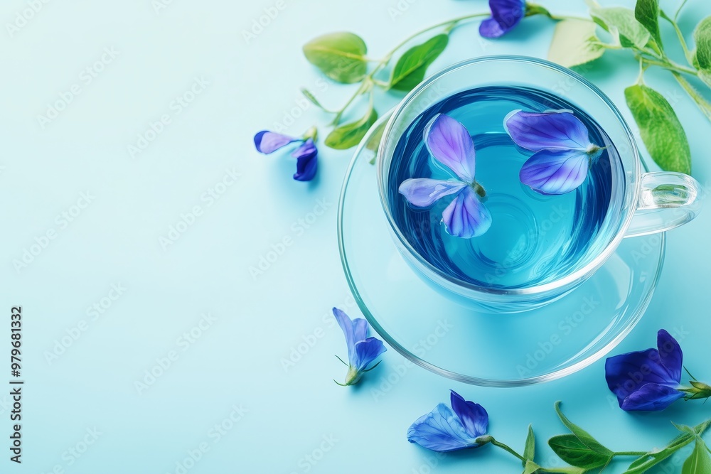 Clear cup of vibrant blue butterfly pea flower herbal tea with floating petals, surrounded by fresh green leaves and flowers. Clear cup of vibrant blue butterfly pea flower herbal tea with floating petals, surrounded by fresh green leaves and flowers.