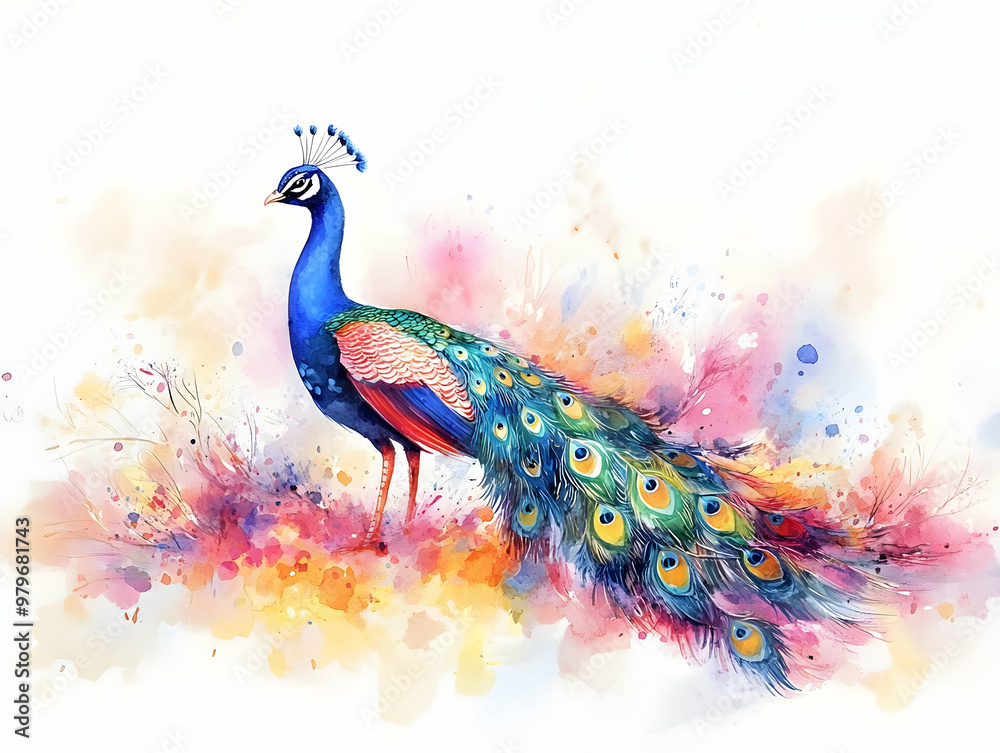 Obraz premium A vibrant watercolor painting of a peacock showcasing its stunning feathers against an abstract colorful background.