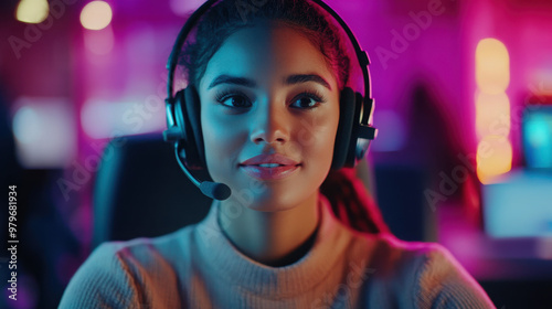 A young woman wearing a headset, engaged in a virtual communication or gaming environment.