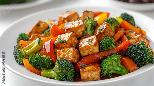 Vibrant stir-fried vegetables with tofu, showcasing a healthy and colorful plant-based meal in a white bowl. photo