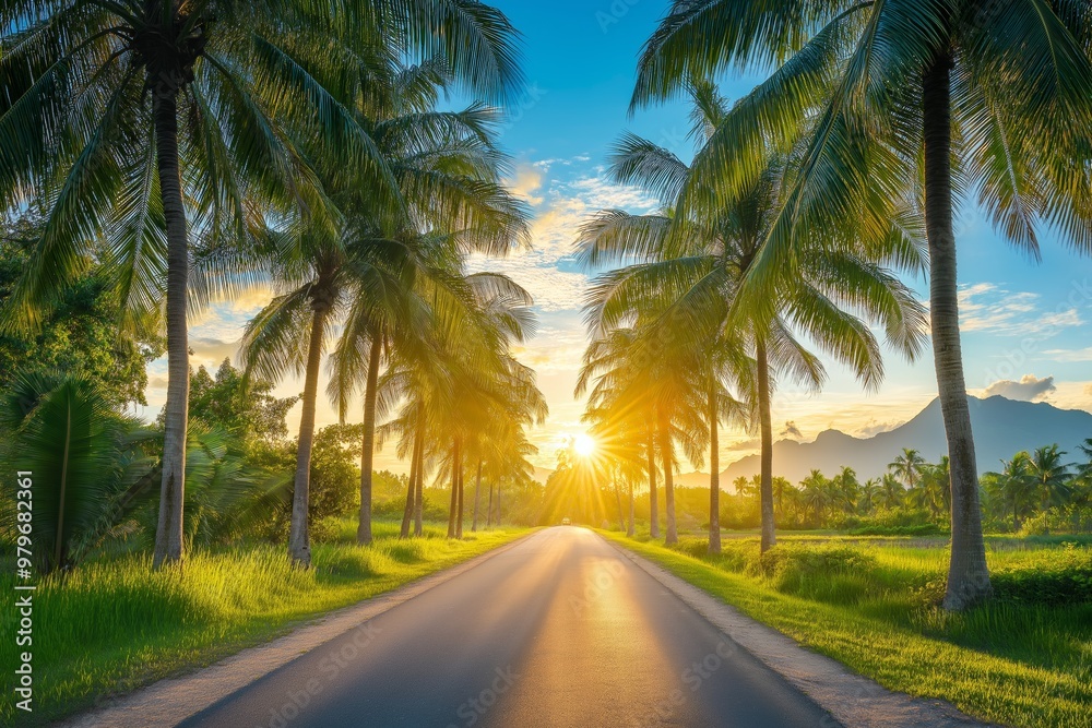 A road with palm trees on both sides and a sun shining on it. The road is empty and the sky is blue