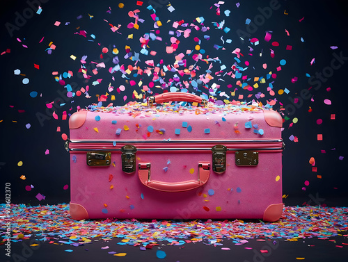 A vibrant pink suitcase surrounded by colorful confetti, perfect for celebrating special moments or travel-themed events. photo