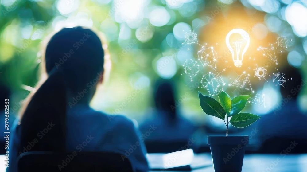 Fototapeta premium A person contemplating innovation, surrounded by nature, with a plant and glowing light bulb symbolizing ideas and growth.