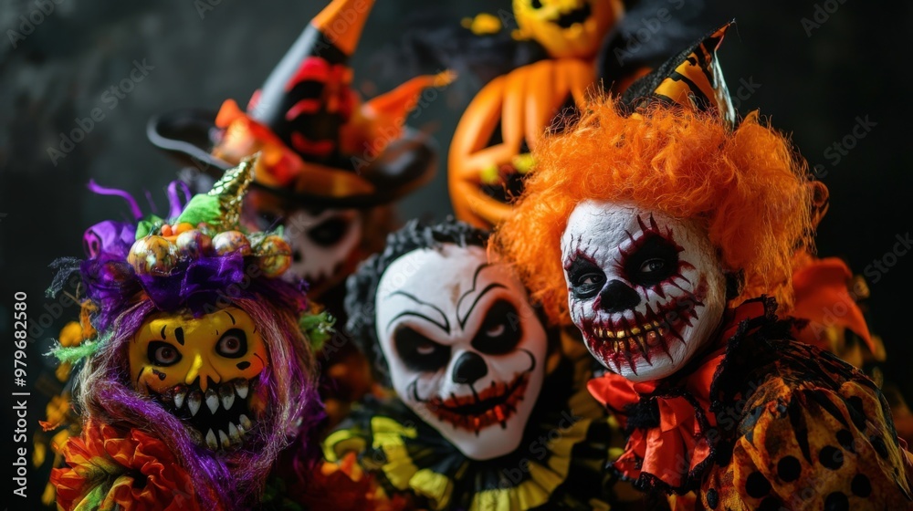 A group of people dressed in Halloween costumes are posing for a picture