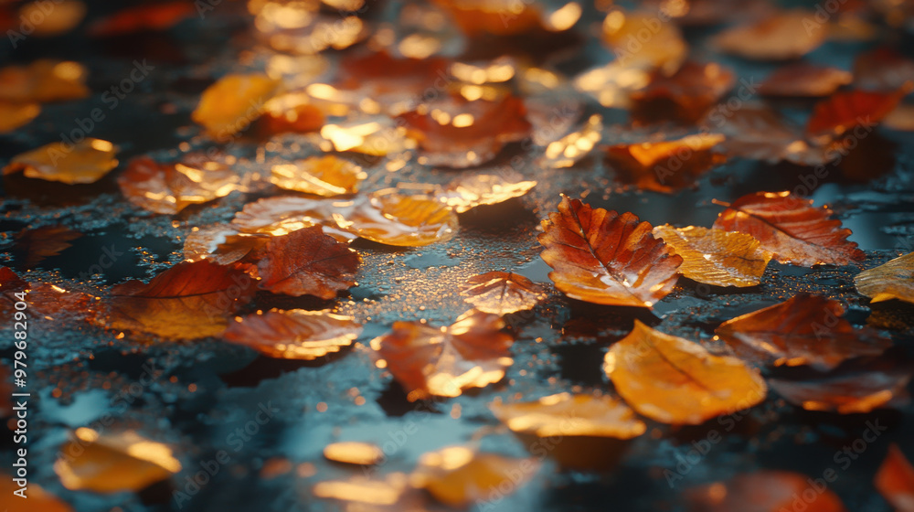 A serene scene of autumn leaves scattered on a reflective surface.