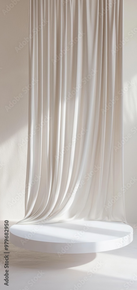 A floating white platform encircled by flowing fabric, perfect for a high-end product display in a minimalistic and elegant setting. A floating white platform encircled by flowing fabric, perfect for a high-end product display in a minimalistic and elegant setting.