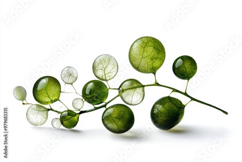 A delicate green branch featuring unique translucent spherical leaves, perfect for nature-inspired designs and decorations.