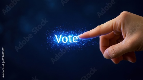 A hand reaching towards a glowing vote button, symbolizing participation in elections and the importance of civic engagement.