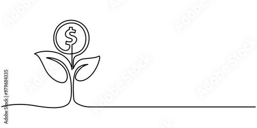 Money Tree Continuous Line Icon, Continuous Line Drawing of Return On Investment Icon. Hand Drawn Symbol Vector Illustration, Money Growth Single Line Icon, Tree. Money. One line, Economic Growth Line