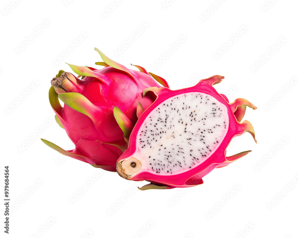 Whole and halved dragon fruit, displaying vibrant colors and black seeds, is ideal for food blogs, recipe books, and health article. Generative AI Whole and halved dragon fruit, displaying vibrant colors and black seeds, is ideal for food blogs, recipe books, and health article. Generative AI