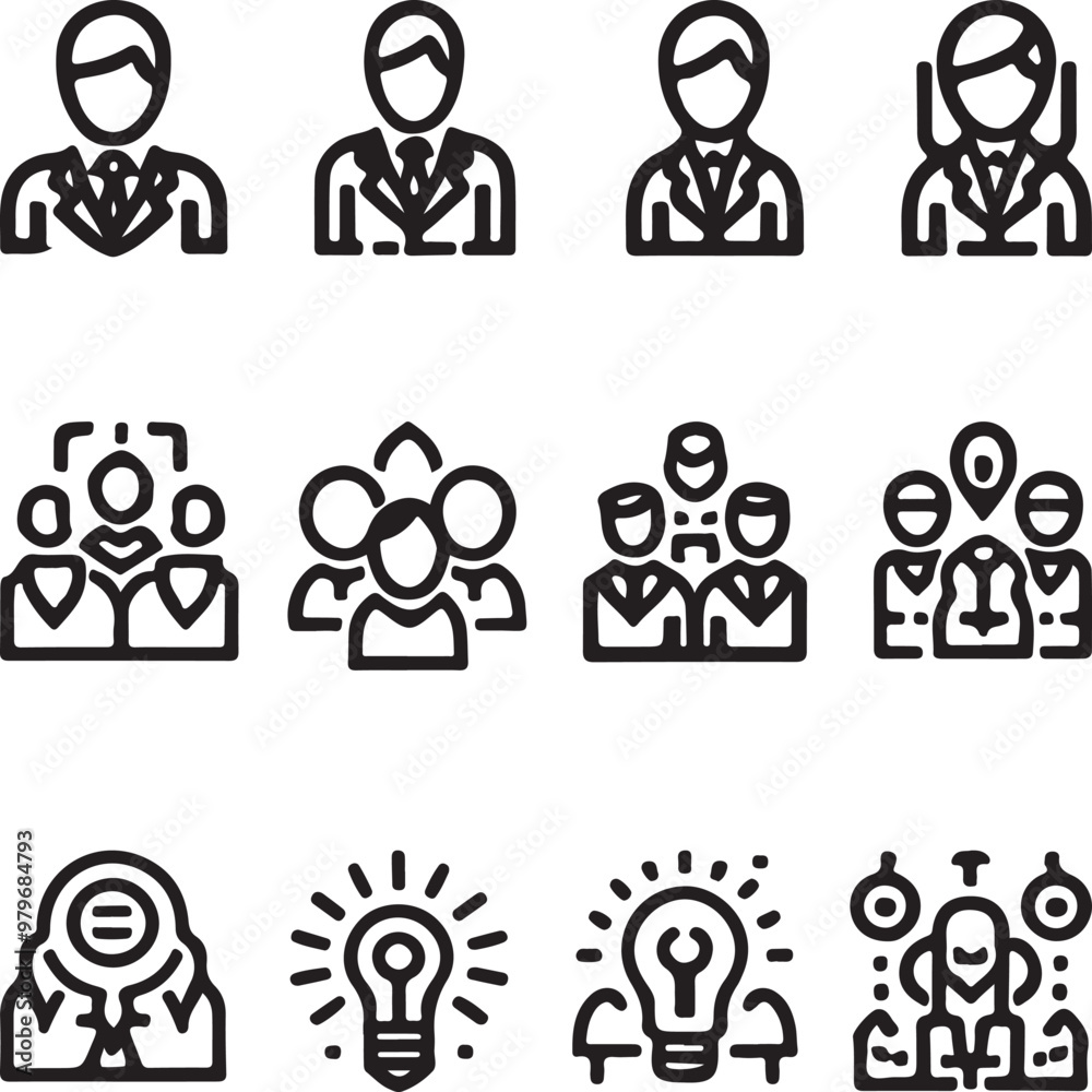 Digital business teamwork icons and logos vector set, business symbols, outline or line art illustration design. Digital business teamwork icons and logos vector set, business symbols, outline or line art illustration design.