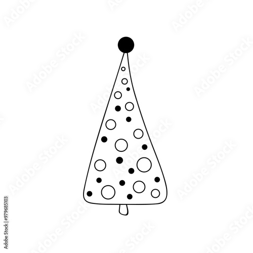 Christmas tree isolated on a white background. A black and white drawn graphic vector illustration with a line. The festive symbol of the new year is a decorated abstract Christmas tree. 