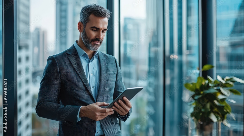 Fototapeta premium Business executive reviewing digital healthcare options on a smart tablet in a sleek boardroom with a high-rise city view
