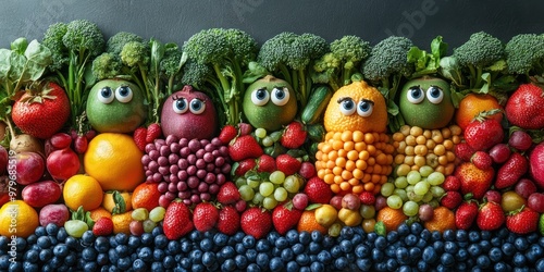 An imaginative cityscape where fruits and vegetables with personalities bring joy to every corner