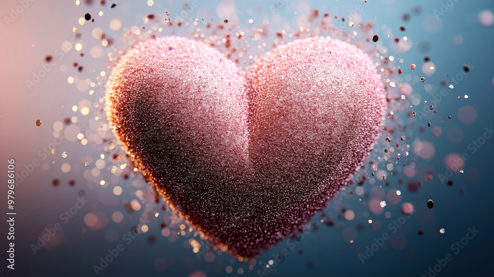 Abstract image of a shimmering pink heart made of small particles, surrounded by floating glitter and bokeh lights on a gradient background. Abstract image of a shimmering pink heart made of small particles, surrounded by floating glitter and bokeh lights on a gradient background.