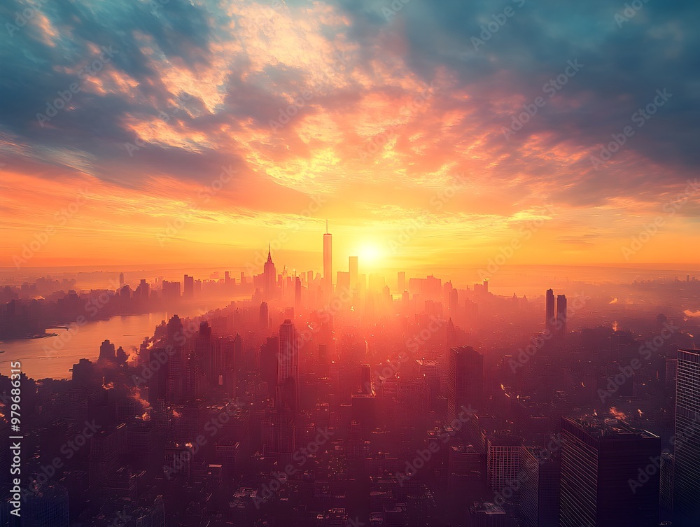 Naklejka premium A breathtaking view of a city's skyline at sunrise, bathed in vibrant orange and pink hues, creating a stunning atmosphere.