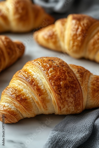 Golden-brown freshly baked croissants placed on a marble surface, perfect for breakfast or brunch setting.