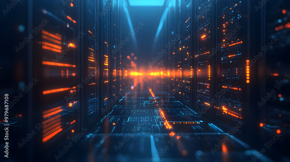 Futuristic data center illuminated by glowing lights, showcasing advanced technology and digital infrastructure. Futuristic data center illuminated by glowing lights, showcasing advanced technology and digital infrastructure.
