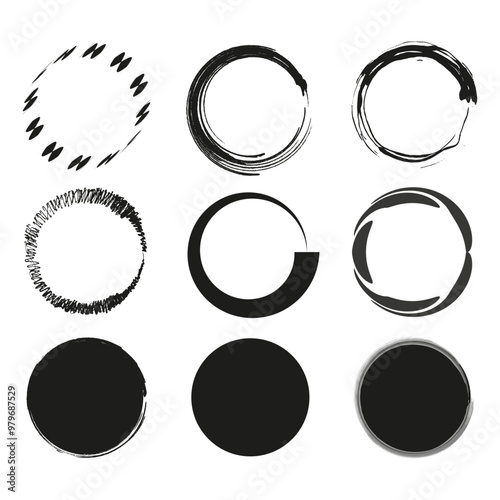 Abstract circle icons. Grunge and modern. Black brushstroke shapes. Circular design elements.