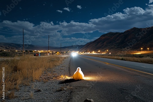 A ghostly figure on a desolate road, hitchhiking in the dead of night, vanishing as you pass