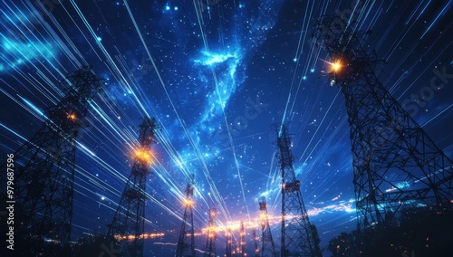 A futuristic illustration of high-voltage towers with laser beams emanating from them, set against the backdrop of a night sky with stars and streaks of light in blue tones Generative AI