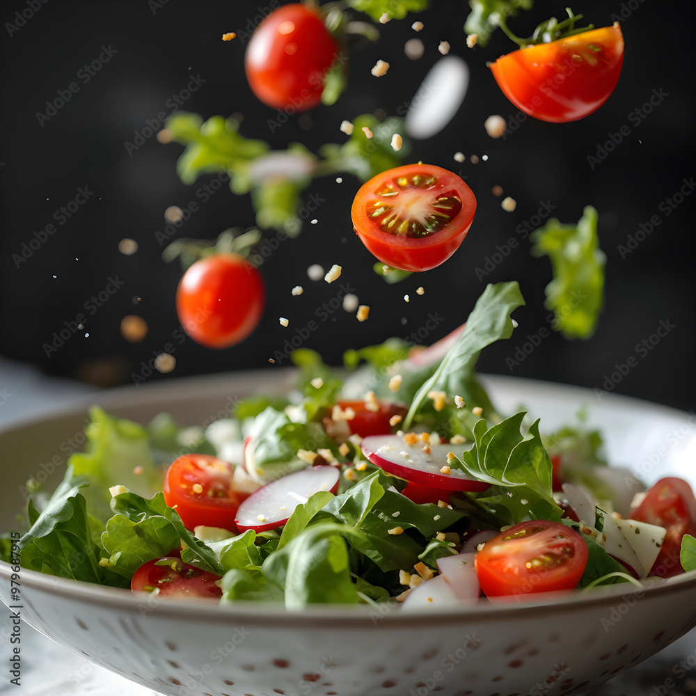Fresh vegetable salad in a plate with flying vegetables Fresh vegetable salad in a plate with flying vegetables