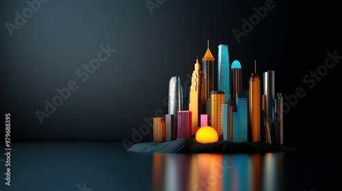 A vibrant, colorful city skyline model with a glowing sun on a reflective surface against a dark background.