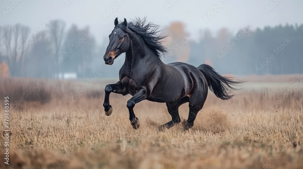 Horse Playing. Beautiful Black Horse in Action on the Blue Countryside Field Horse Playing. Beautiful Black Horse in Action on the Blue Countryside Field