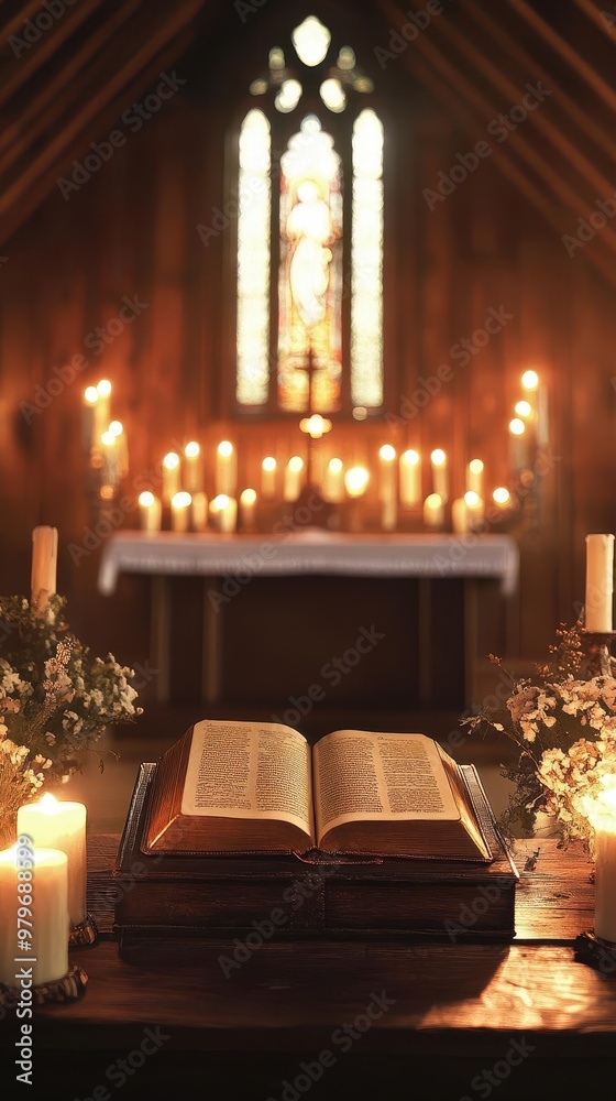 Bible resting on a wooden altar surrounded by candles, soft shadows and a peaceful worship setting Bible resting on a wooden altar surrounded by candles, soft shadows and a peaceful worship setting