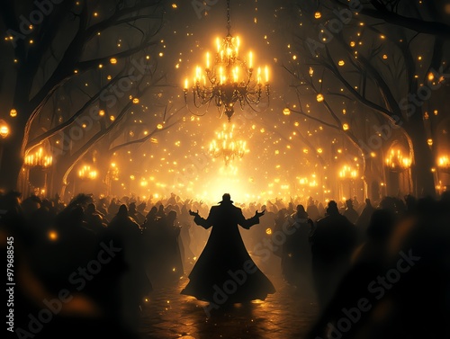A vampire in a gothic ballroom, surrounded by supernatural beings, eerie chandeliers flickering as they celebrate Halloween night