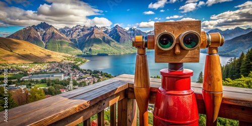 Whimsical wooden sculptures with bright red binoculars stand vigilant on a balcony, surveying the breathtaking Queenstown landscape, embodying curiosity and discovery. photo