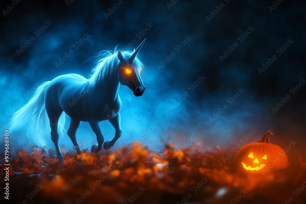 A ghostly unicorn prancing through a haunted pumpkin patch, with glowing eyes and supernatural mist swirling around, Halloween fantasy A ghostly unicorn prancing through a haunted pumpkin patch, with glowing eyes and supernatural mist swirling around, Halloween fantasy