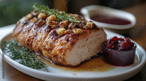 Perfectly roasted turkey served with cranberry sauce, ideal for holiday feasts and family celebrations.