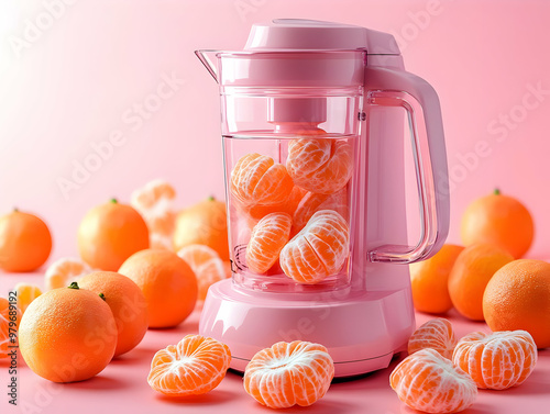 A stylish pink blender surrounded by fresh oranges and mandarin segments, perfect for a vibrant kitchen scene. photo